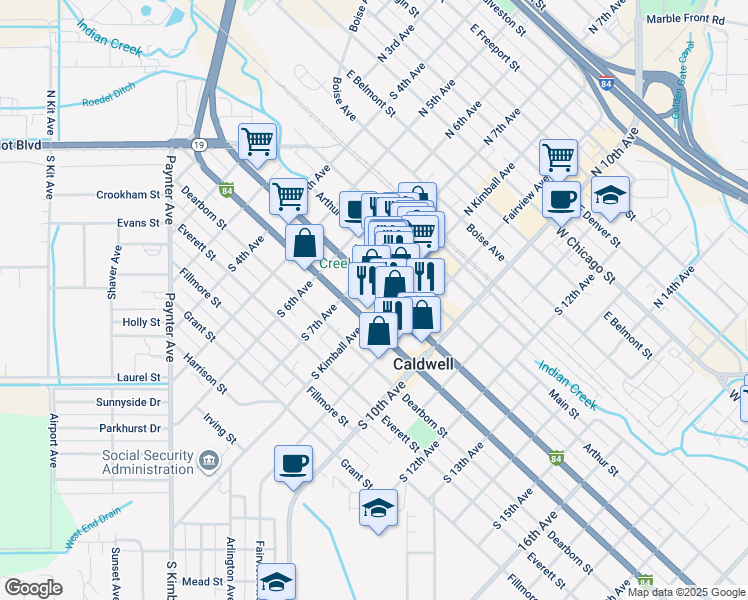 map of restaurants, bars, coffee shops, grocery stores, and more near 306 South Kimball Avenue in Caldwell