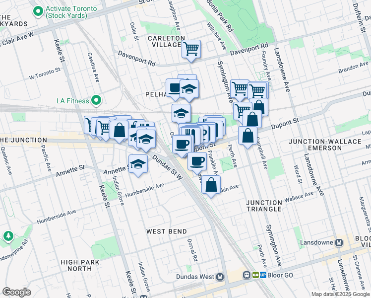 map of restaurants, bars, coffee shops, grocery stores, and more near 1650 Dupont Street in Toronto