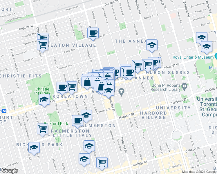 map of restaurants, bars, coffee shops, grocery stores, and more near 793 Bathurst Street in Toronto