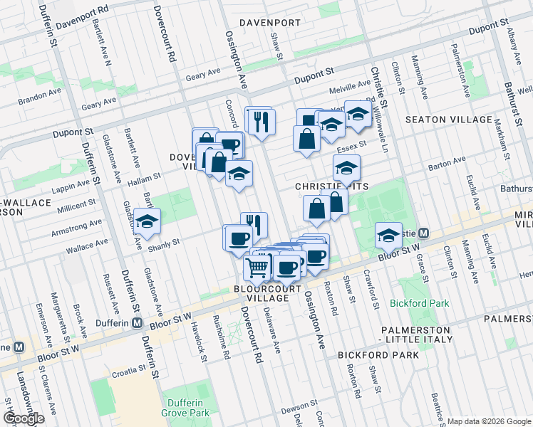 map of restaurants, bars, coffee shops, grocery stores, and more near 407 Concord Avenue in Toronto