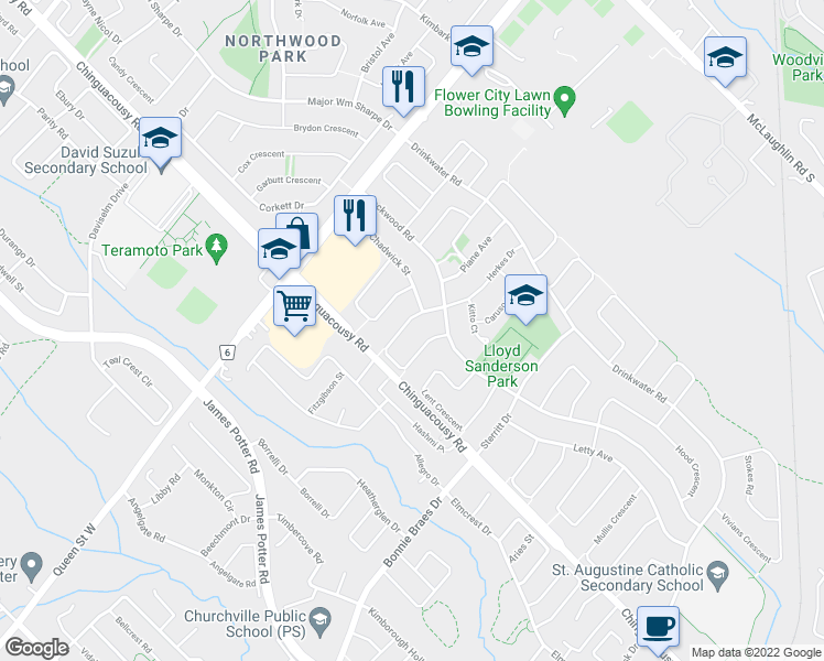 map of restaurants, bars, coffee shops, grocery stores, and more near 55 Carrie Crescent in Brampton