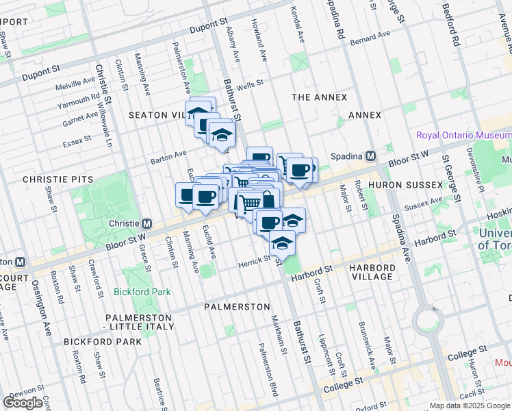 map of restaurants, bars, coffee shops, grocery stores, and more near 571 Bloor Street West in Toronto