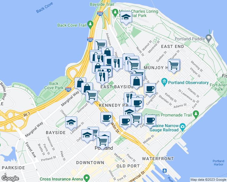 map of restaurants, bars, coffee shops, grocery stores, and more near 5 Kennedy Park in Portland