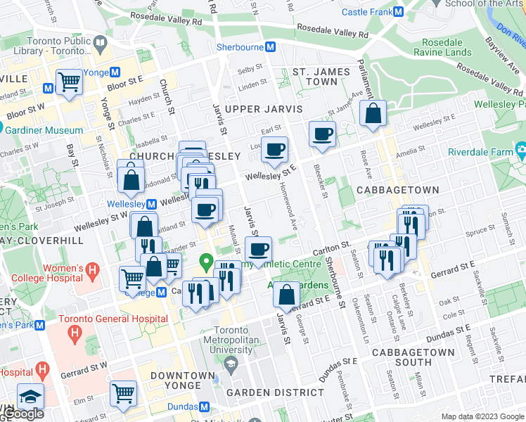 map of restaurants, bars, coffee shops, grocery stores, and more near 77 Maitland Place in Toronto