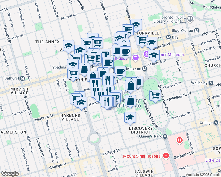 map of restaurants, bars, coffee shops, grocery stores, and more near 95 Saint George Street in Toronto
