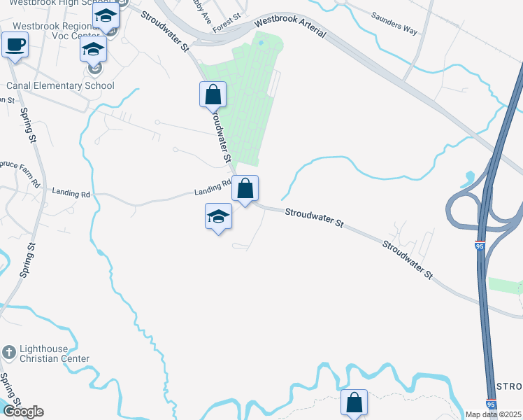 map of restaurants, bars, coffee shops, grocery stores, and more near 471 Stroudwater Street in Westbrook