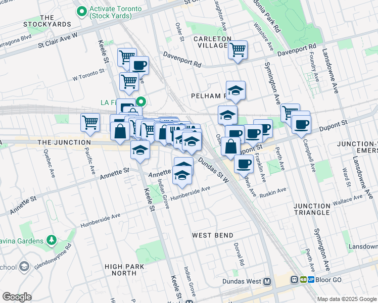 map of restaurants, bars, coffee shops, grocery stores, and more near 2720 Dundas Street West in Toronto