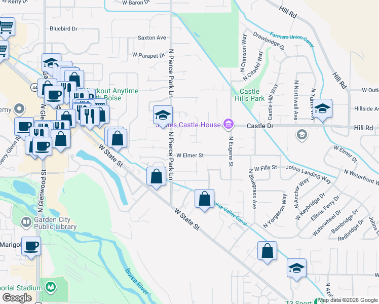 map of restaurants, bars, coffee shops, grocery stores, and more near 6222 West Elmer Street in Boise