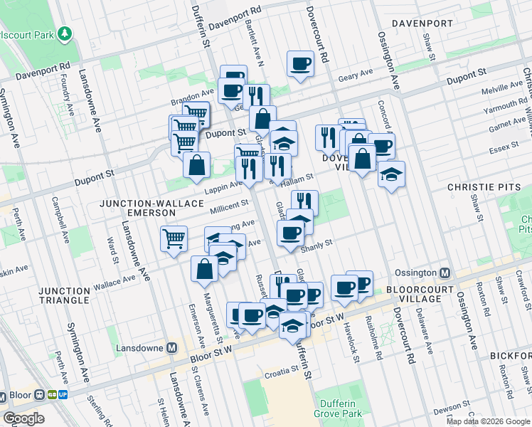 map of restaurants, bars, coffee shops, grocery stores, and more near 1183 Dufferin Street in Toronto