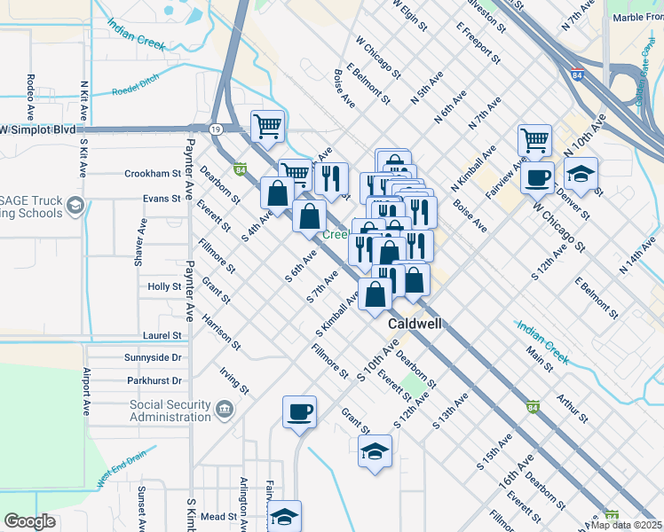 map of restaurants, bars, coffee shops, grocery stores, and more near 624 Cleveland Boulevard in Caldwell