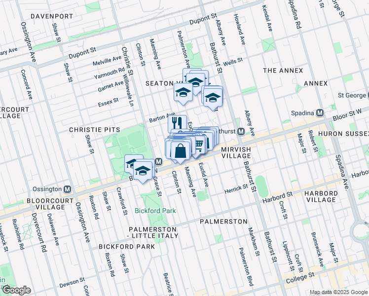 map of restaurants, bars, coffee shops, grocery stores, and more near 683 Manning Avenue in Toronto