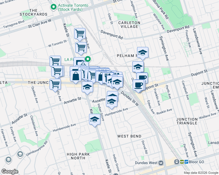 map of restaurants, bars, coffee shops, grocery stores, and more near 2739 Dundas Street West in Toronto