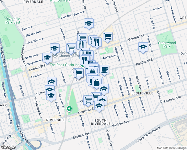 map of restaurants, bars, coffee shops, grocery stores, and more near 1201 Dundas Street East in Toronto