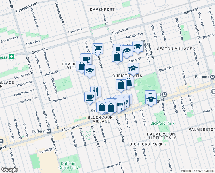 map of restaurants, bars, coffee shops, grocery stores, and more near 859 Ossington Avenue in Toronto
