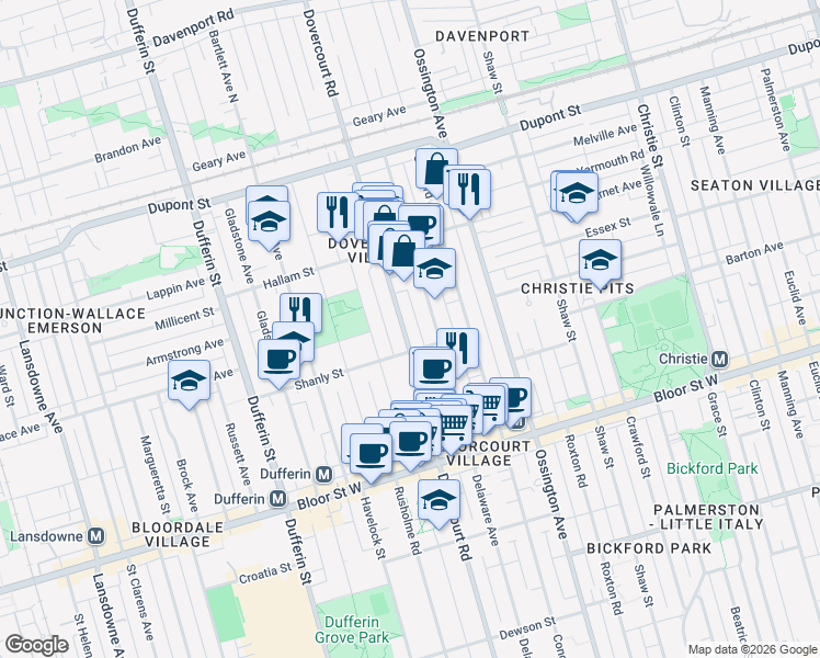 map of restaurants, bars, coffee shops, grocery stores, and more near 900 Dovercourt Road in Toronto