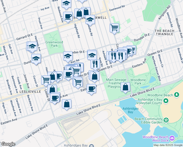 map of restaurants, bars, coffee shops, grocery stores, and more near 1439 Queen Street East in Toronto