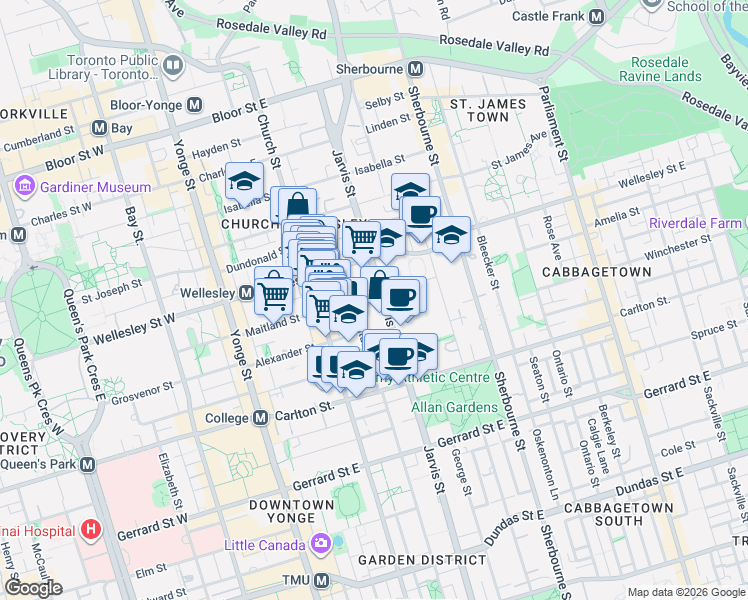 map of restaurants, bars, coffee shops, grocery stores, and more near in Toronto