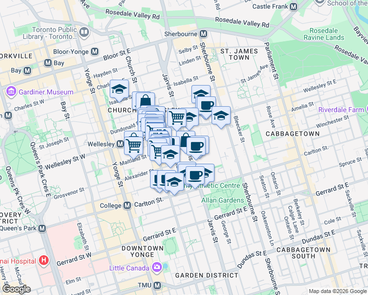 map of restaurants, bars, coffee shops, grocery stores, and more near 135 Maitland Street in Toronto