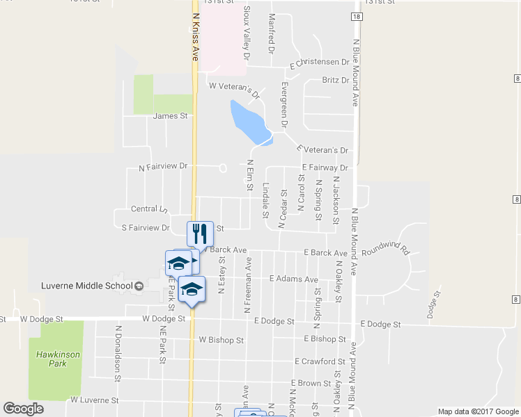 map of restaurants, bars, coffee shops, grocery stores, and more near 1023 Lindale Street in Luverne