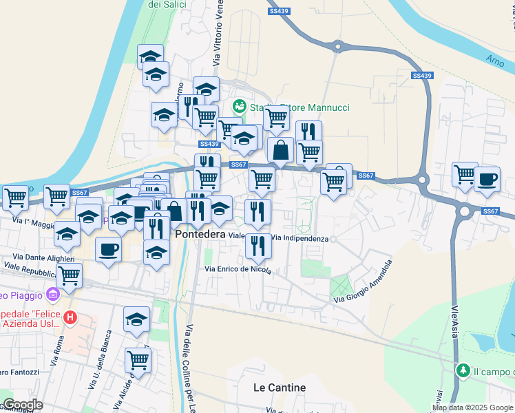 map of restaurants, bars, coffee shops, grocery stores, and more near 28 Via Antonio Pacinotti in Pontedera