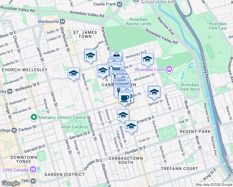 map of restaurants, bars, coffee shops, grocery stores, and more near 58 Aberdeen Avenue in Toronto