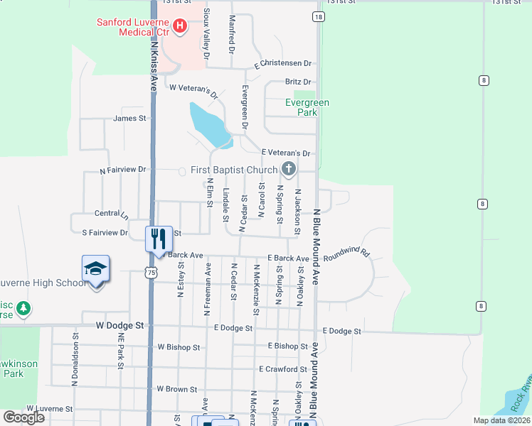 map of restaurants, bars, coffee shops, grocery stores, and more near 1002 North Carol Street in Luverne