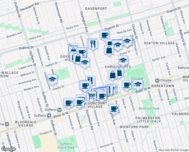 map of restaurants, bars, coffee shops, grocery stores, and more near 411 Concord Avenue in Toronto