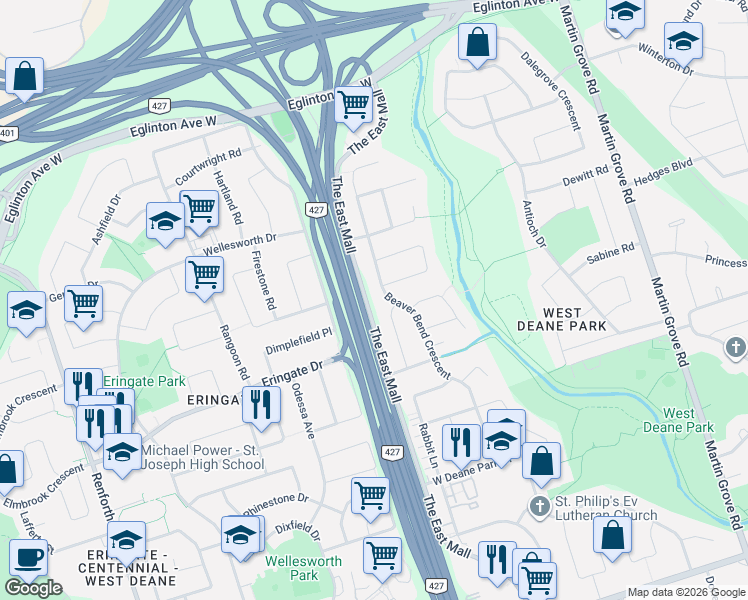 map of restaurants, bars, coffee shops, grocery stores, and more near 88 Beaver Bend Crescent in Toronto
