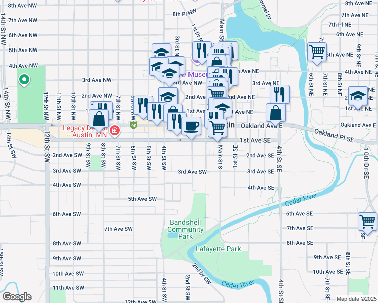 map of restaurants, bars, coffee shops, grocery stores, and more near 300 2nd Avenue Southwest in Austin