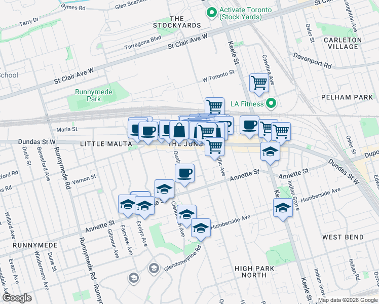 map of restaurants, bars, coffee shops, grocery stores, and more near 332 High Park Avenue in Toronto