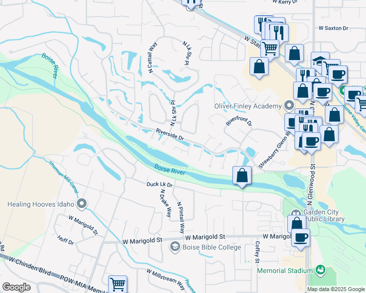 map of restaurants, bars, coffee shops, grocery stores, and more near 4891 Lake View Place in Garden City
