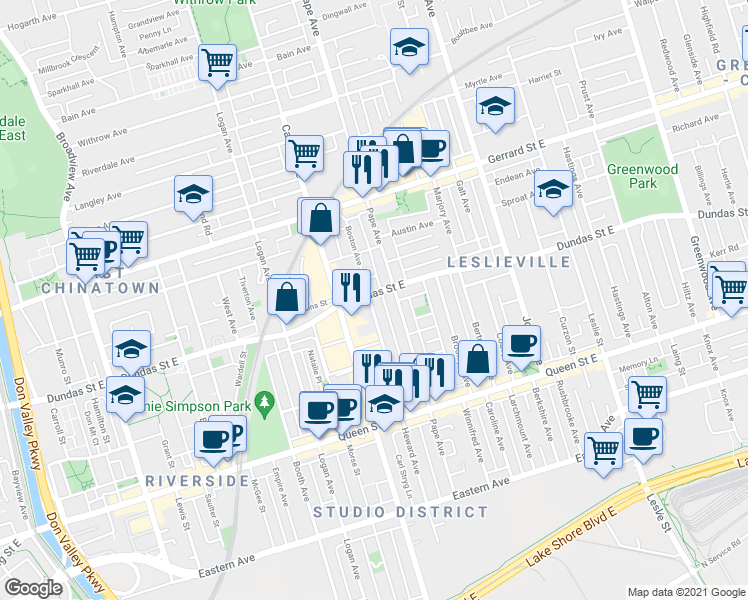 map of restaurants, bars, coffee shops, grocery stores, and more near 145 Boston Avenue in Toronto