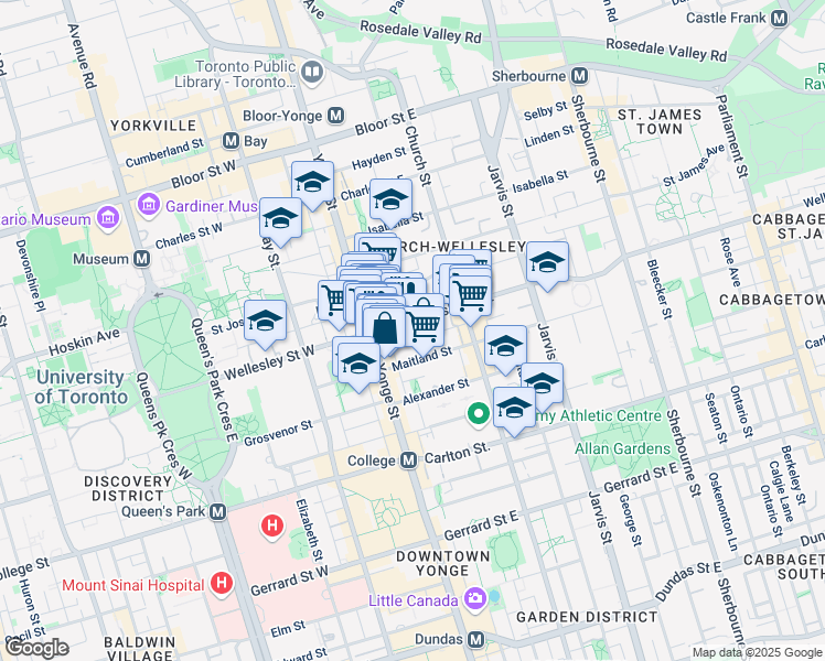 map of restaurants, bars, coffee shops, grocery stores, and more near 29 Wellesley Street East in Toronto