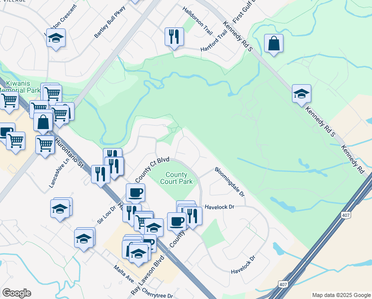 map of restaurants, bars, coffee shops, grocery stores, and more near 10 Payton Court in Brampton