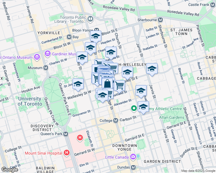 map of restaurants, bars, coffee shops, grocery stores, and more near 8 Wellesley Street East in Toronto
