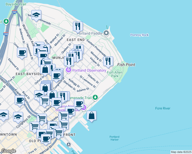 map of restaurants, bars, coffee shops, grocery stores, and more near 18 Munjoy Street in Portland