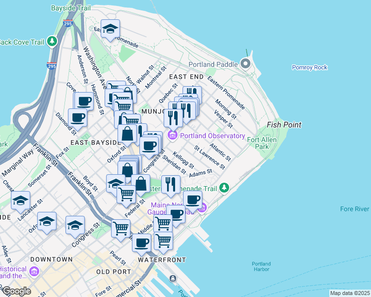map of restaurants, bars, coffee shops, grocery stores, and more near 5 Sherbrooke Street in Portland