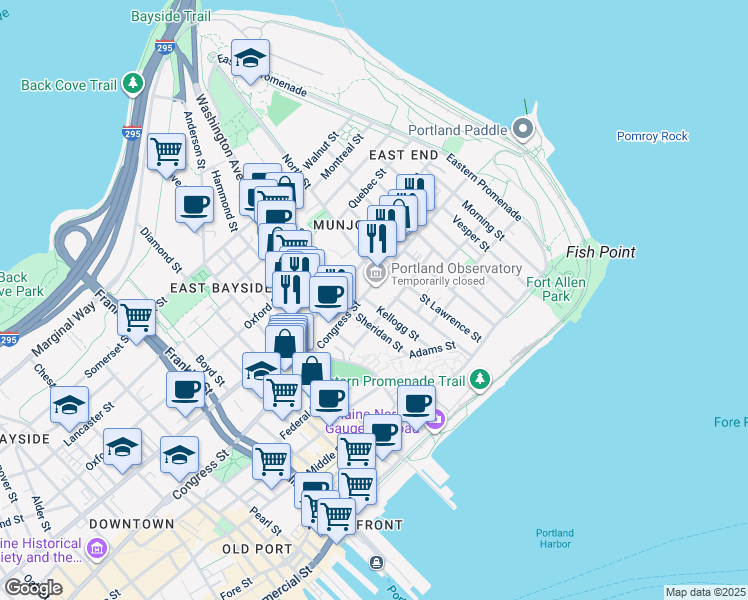 map of restaurants, bars, coffee shops, grocery stores, and more near 65 Monument Street in Portland
