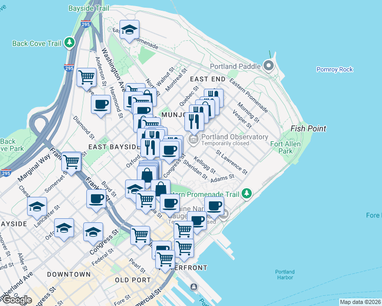 map of restaurants, bars, coffee shops, grocery stores, and more near 65 Monument Street in Portland