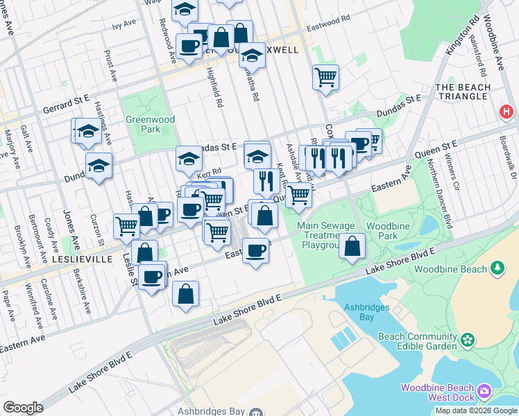 map of restaurants, bars, coffee shops, grocery stores, and more near in Toronto