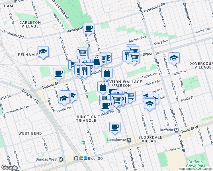map of restaurants, bars, coffee shops, grocery stores, and more near in Toronto