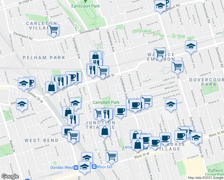 map of restaurants, bars, coffee shops, grocery stores, and more near in Toronto