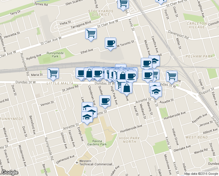 map of restaurants, bars, coffee shops, grocery stores, and more near in Toronto