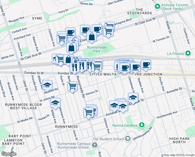 map of restaurants, bars, coffee shops, grocery stores, and more near in Toronto