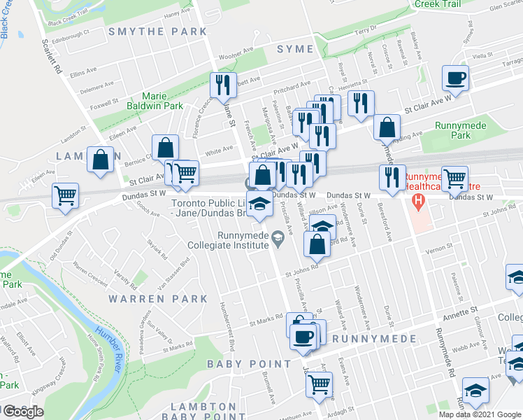 map of restaurants, bars, coffee shops, grocery stores, and more near in Toronto