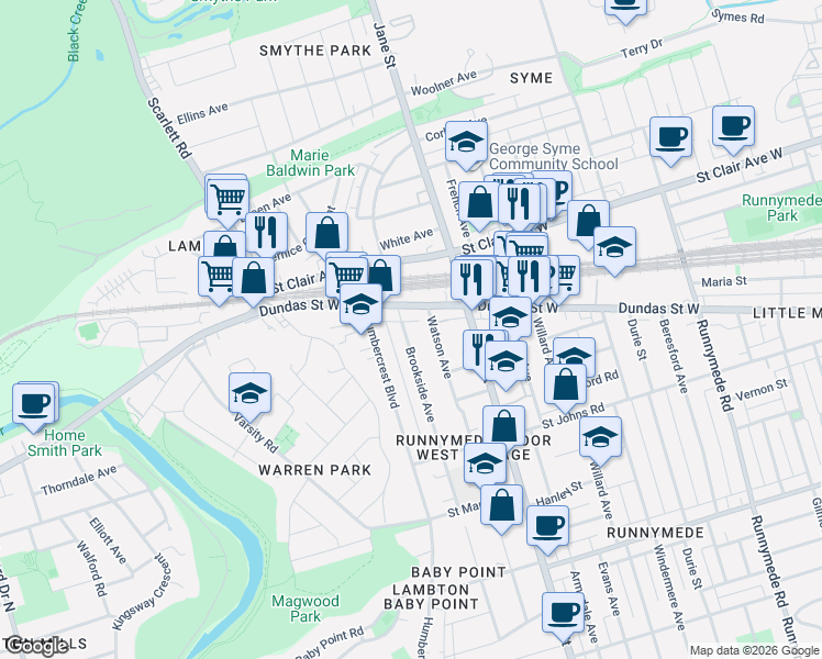 map of restaurants, bars, coffee shops, grocery stores, and more near 177 Brookside Avenue in Toronto