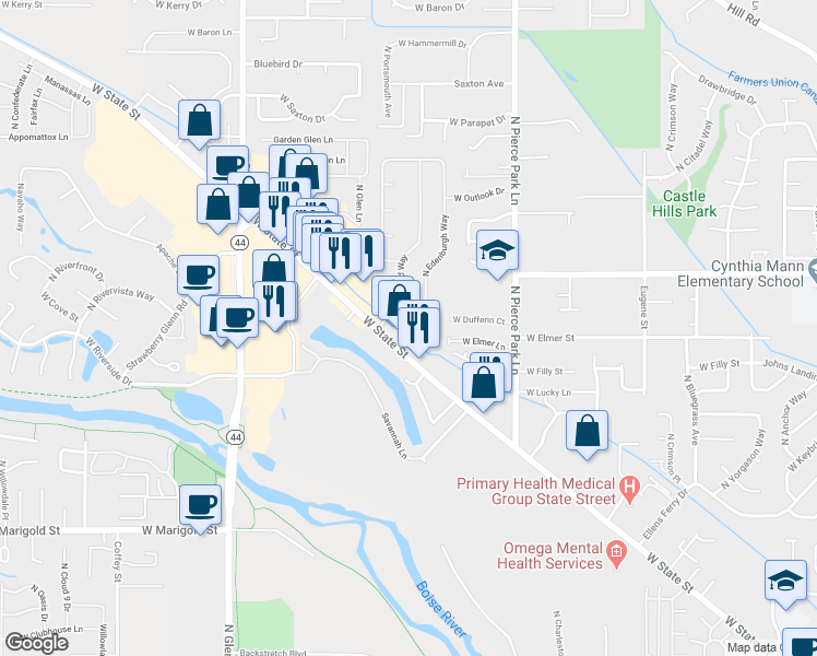 map of restaurants, bars, coffee shops, grocery stores, and more near 6673 W Trowbridge St in Boise
