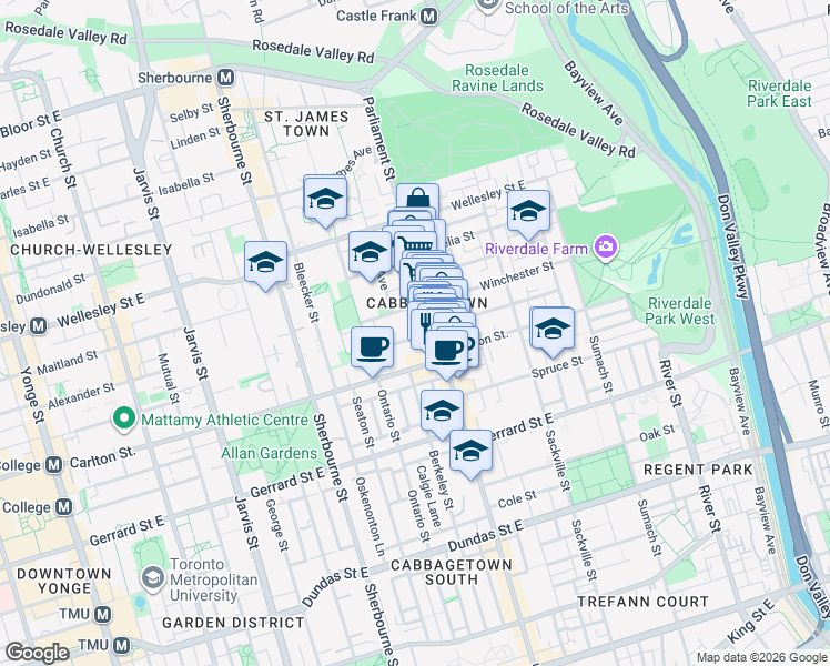 map of restaurants, bars, coffee shops, grocery stores, and more near 54 Aberdeen Avenue in Toronto