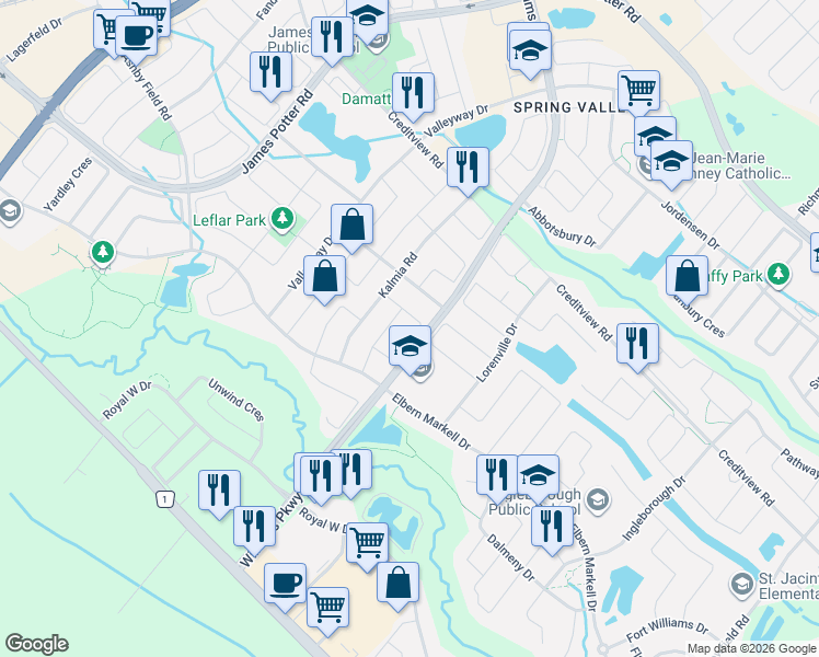 map of restaurants, bars, coffee shops, grocery stores, and more near 20 Interlude Drive in Brampton