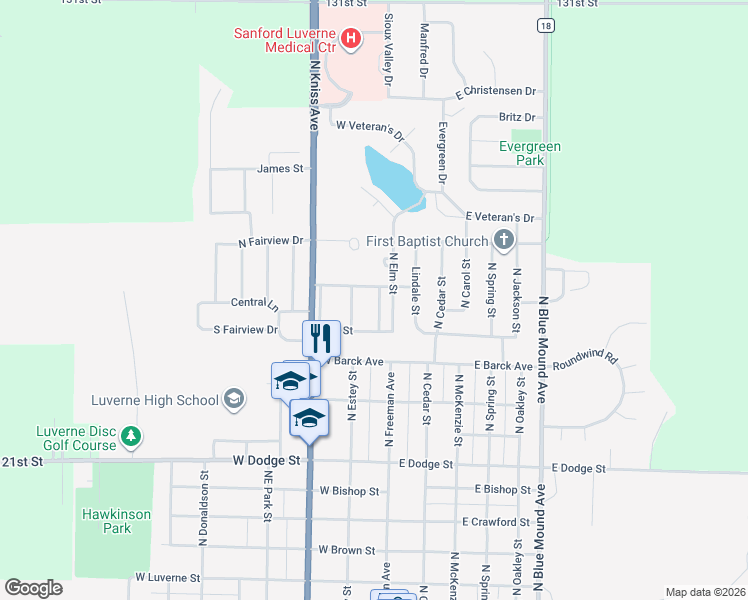 map of restaurants, bars, coffee shops, grocery stores, and more near 1017 North Freeman Avenue in Luverne